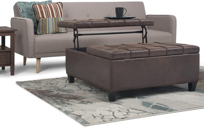 Distressed Brown Faux Leather Square Coffee Table Ottoman