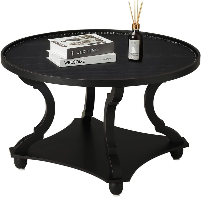 Rustic Round Coffee Table with Storage Shelf - Black Wood