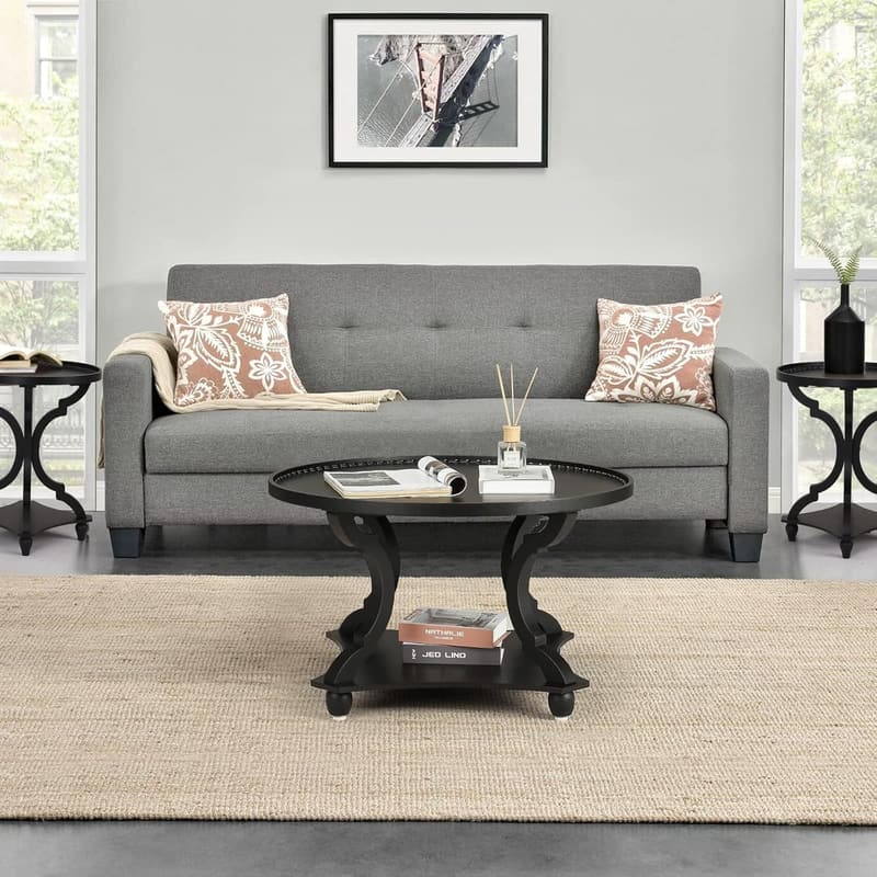 Rustic Round Coffee Table with Storage Shelf - Black Wood