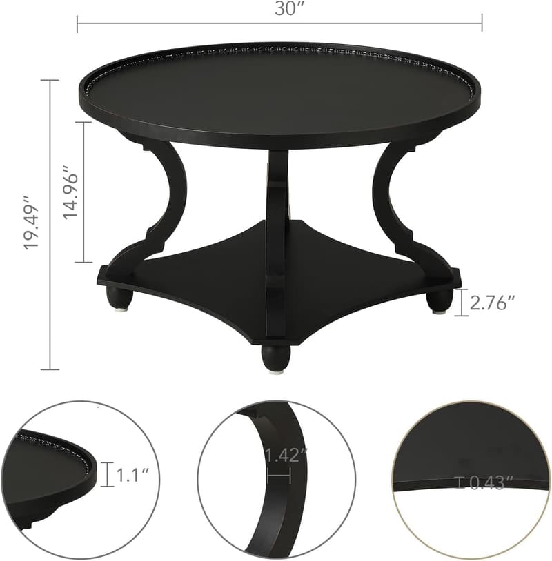 Rustic Round Coffee Table with Storage Shelf - Black Wood