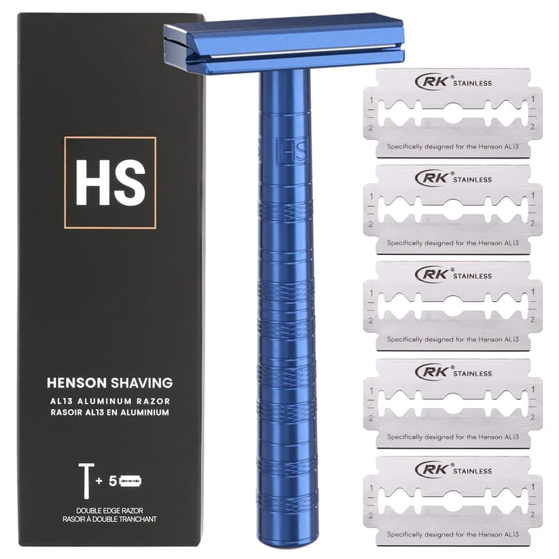Steel Blue Double Edge Safety Razor with 5 Blades for Men & Women