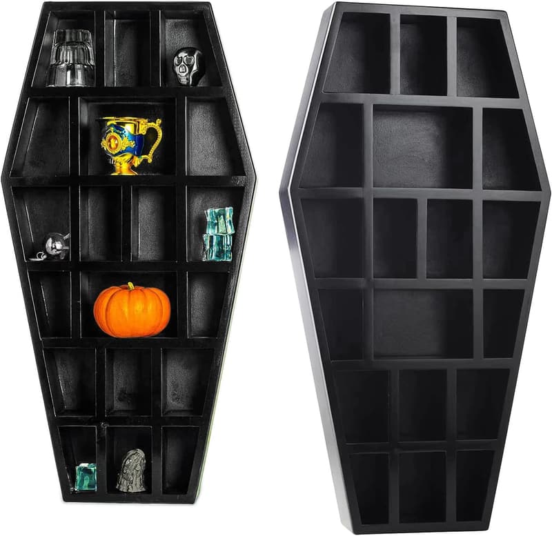 Gothic Curio Coffin Shelf for Spooky Home Decor - Black