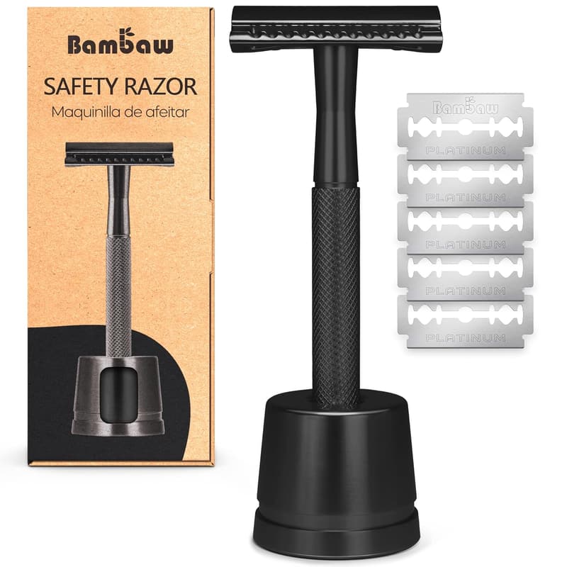 Black Double Edge Safety Razor Set for Men with Stand & Blades