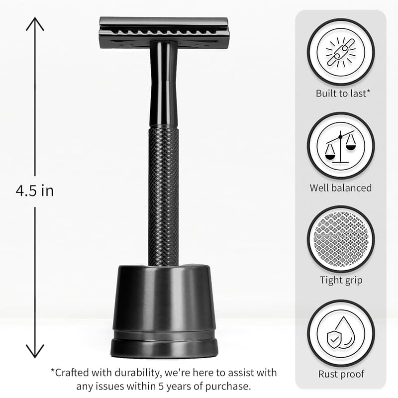 Black Double Edge Safety Razor Set for Men with Stand & Blades