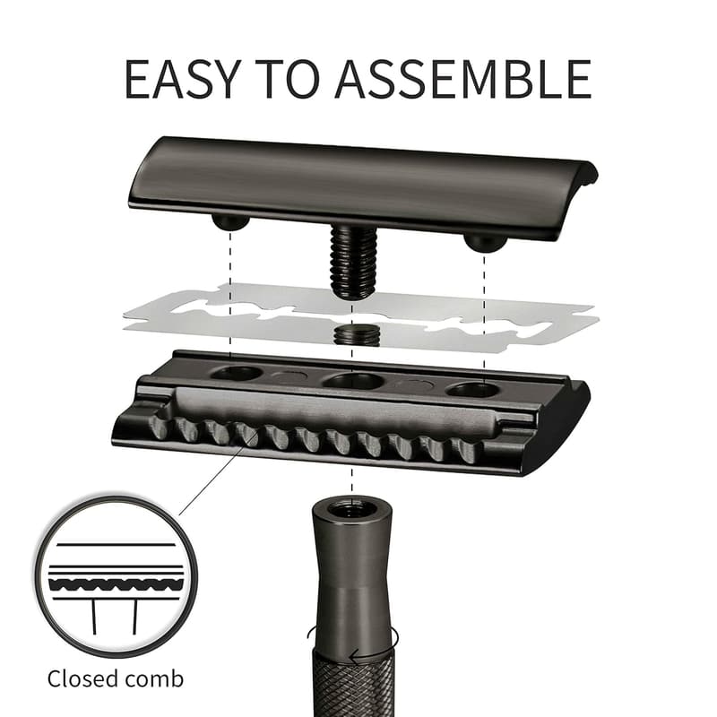 Black Double Edge Safety Razor Set for Men with Stand & Blades