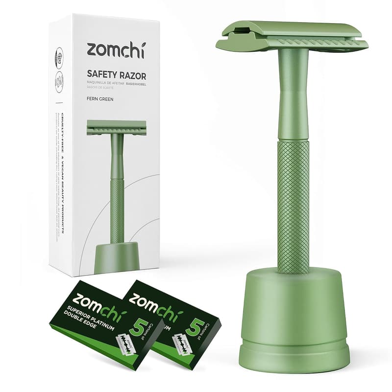 Men's Double Edge Safety Razor with Stand & 10 Blades - Fern Green