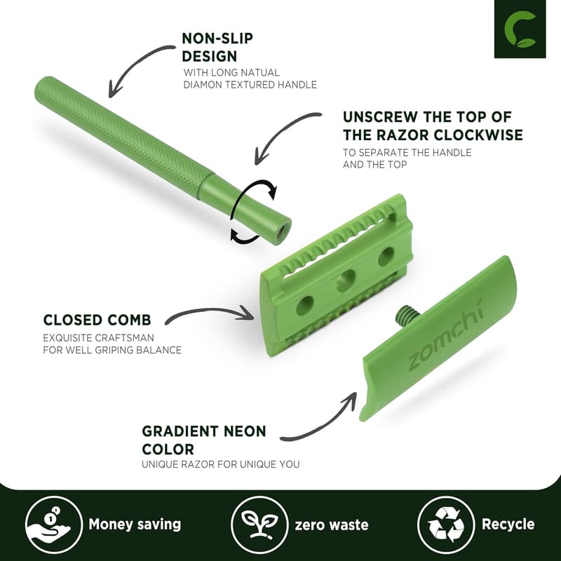 Men's Double Edge Safety Razor with Stand & 10 Blades - Fern Green