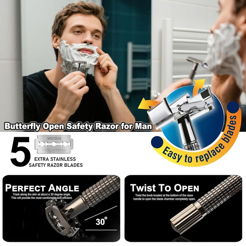 Double Edge Safety Razor with Long Nostalgic Handle