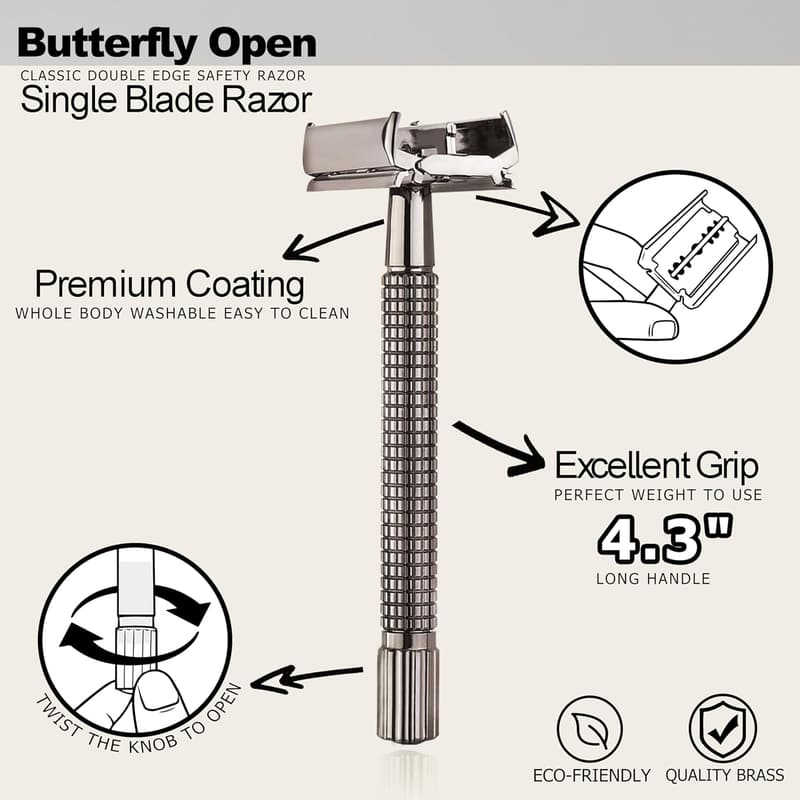 Double Edge Safety Razor with Long Nostalgic Handle
