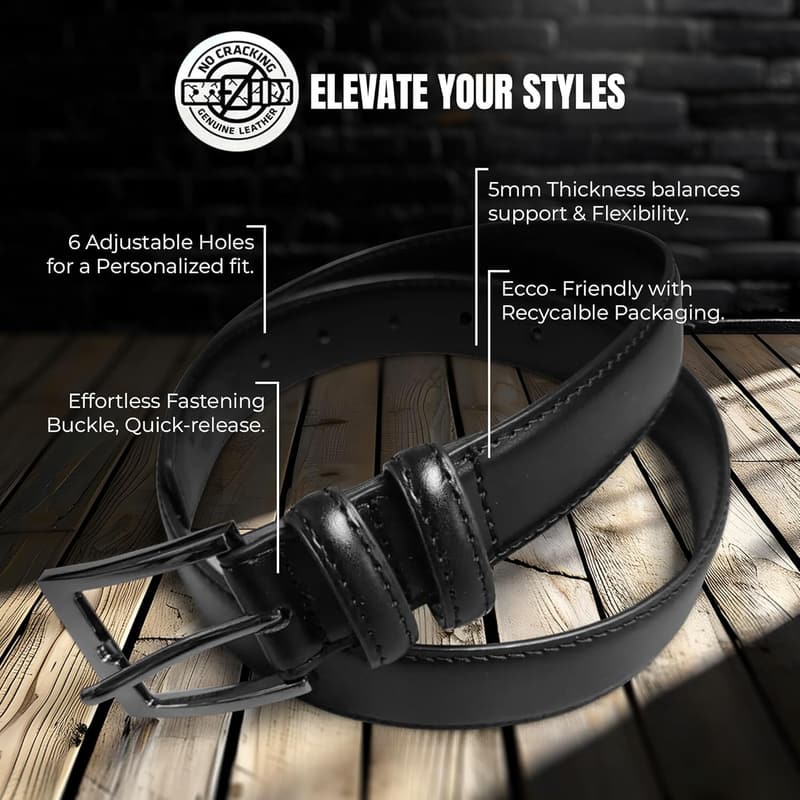 Genuine Leather Dress Belt for Men with Single Prong Buckle