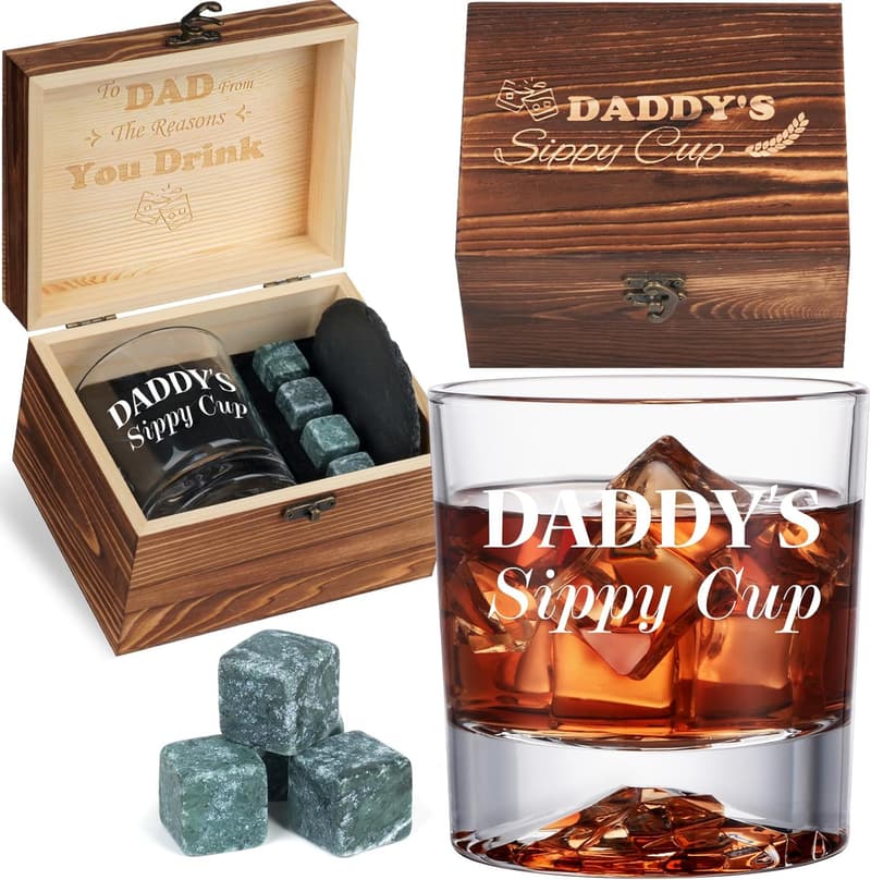 Dad's Christmas Whiskey Glass Set with Stones & Wooden Box