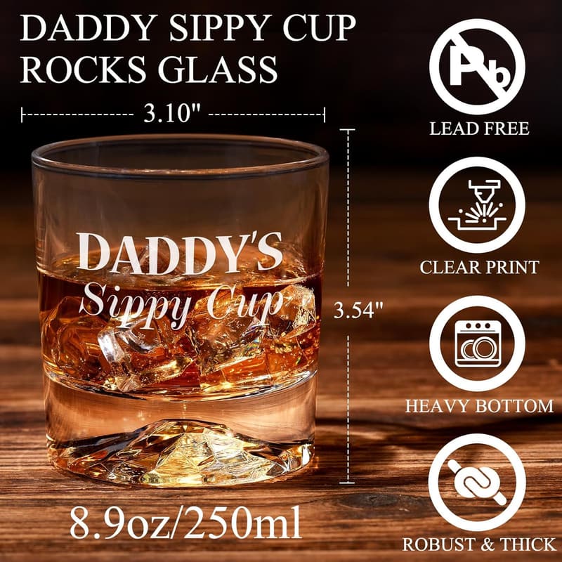 Dad's Christmas Whiskey Glass Set with Stones & Wooden Box