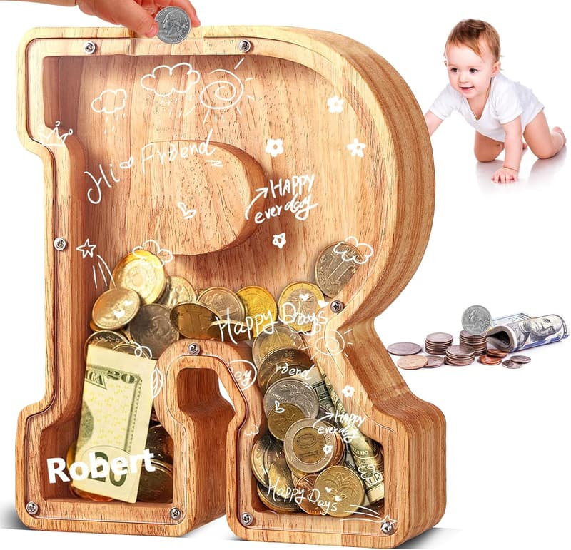 Wooden Alphabet Piggy Bank for Toddlers - 生日禮物