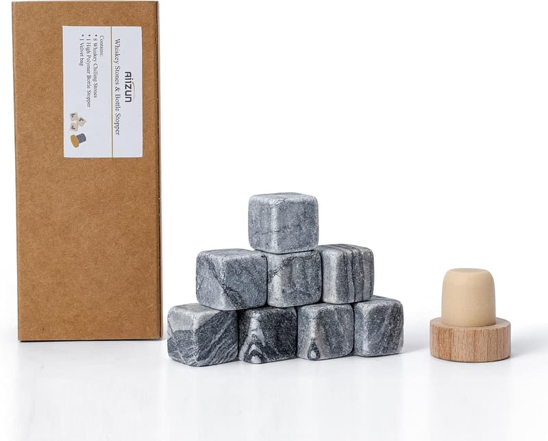 Whisky Stones Set with Bottle Stopper - Gift for Men