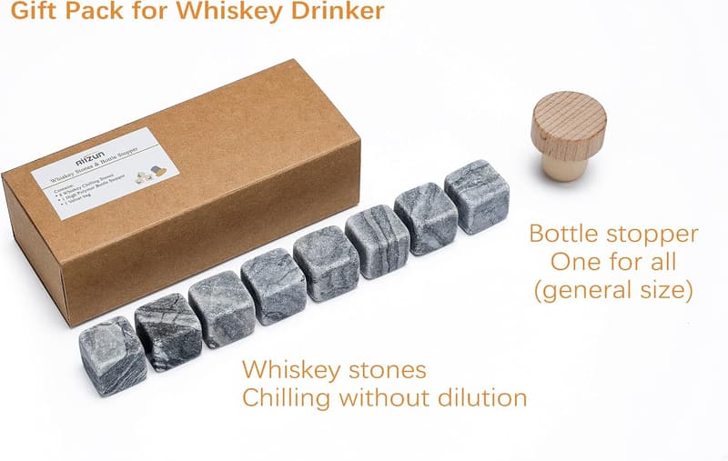 Whisky Stones Set with Bottle Stopper - Gift for Men