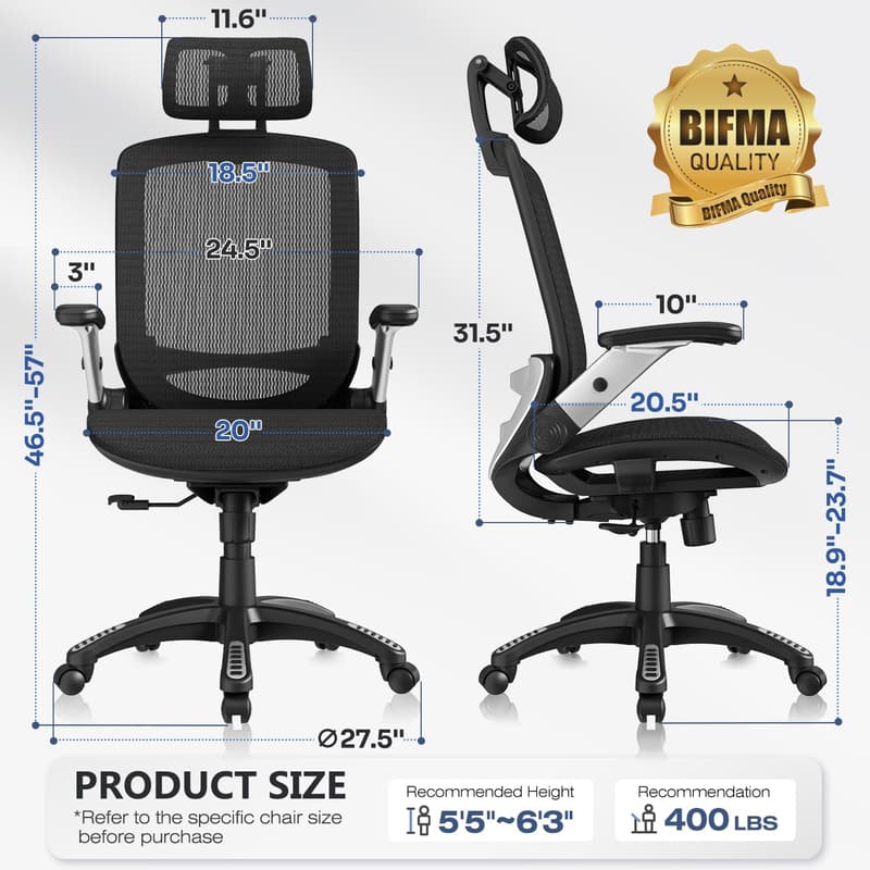 Ergonomic Office Chair with Headrest & Wide Cushion, Black