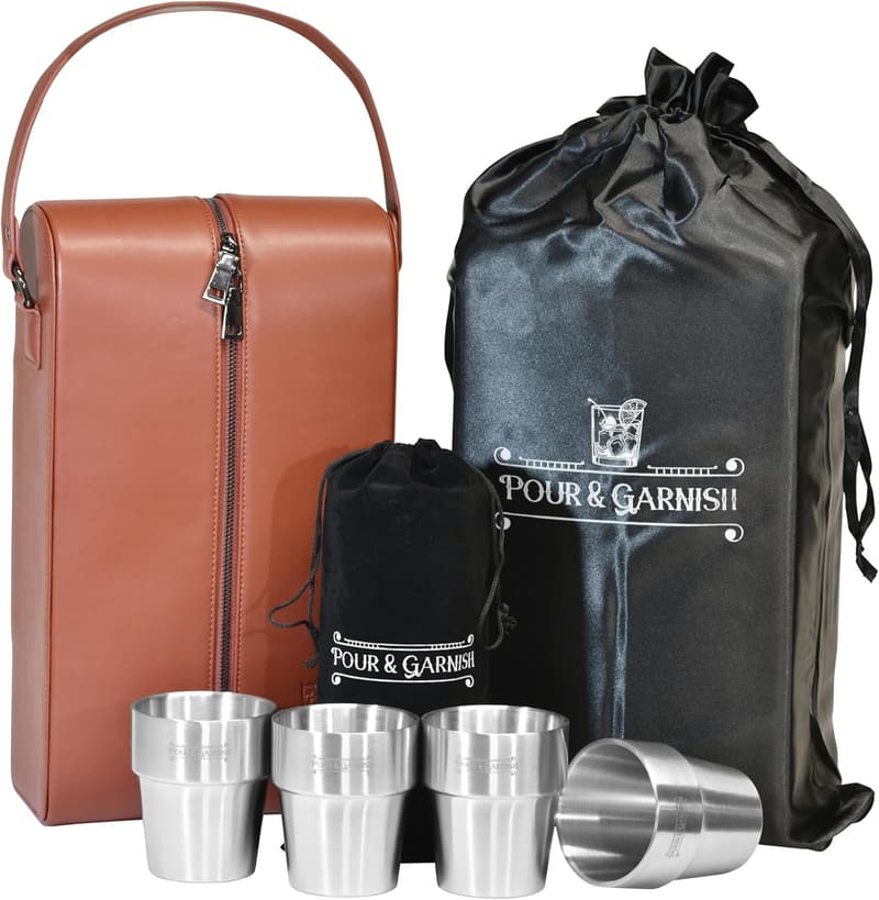 Bourbon Whiskey & Wine Travel Bag with 4 Insulated Glasses