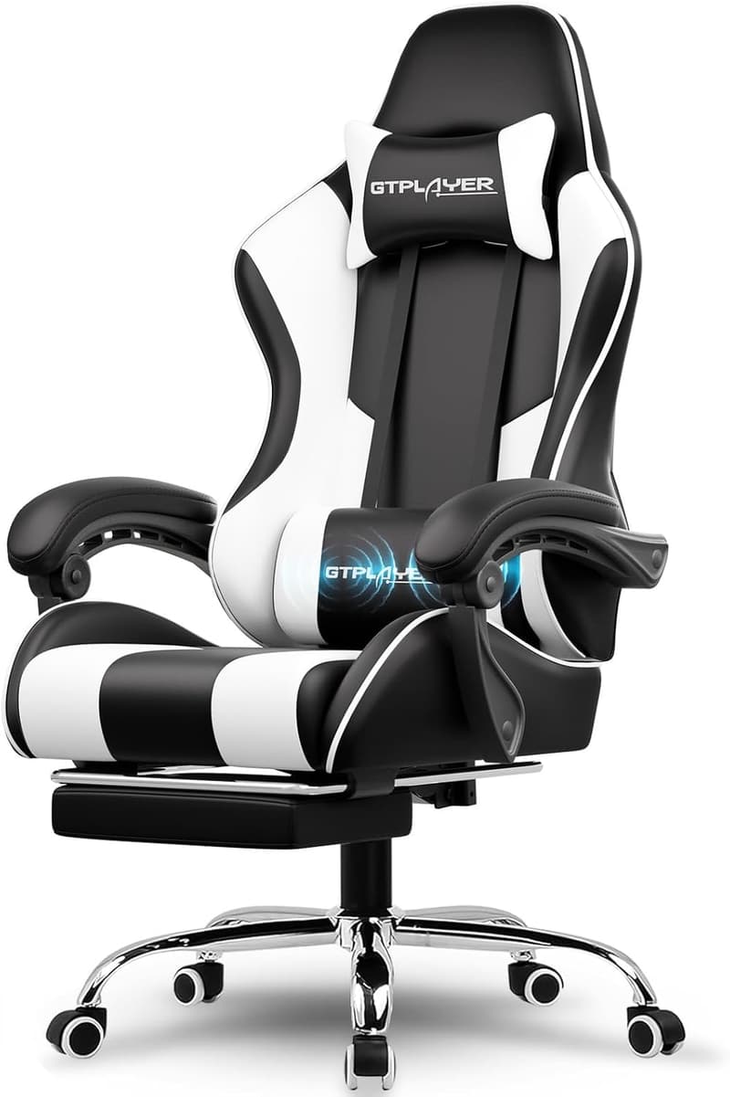 Gaming Chair with Footrest and Lumbar Support - White
