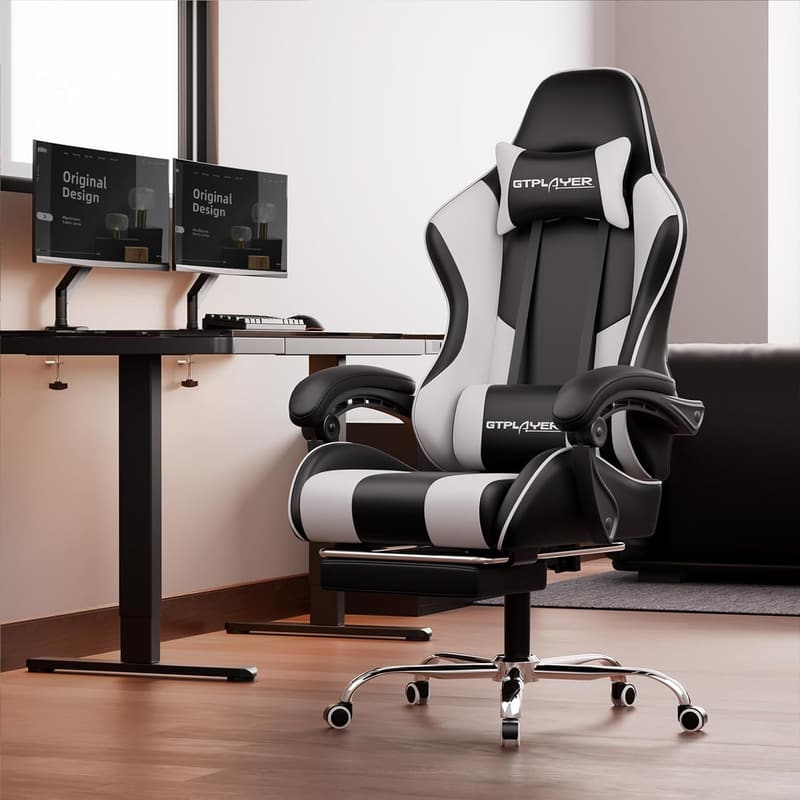 Gaming Chair with Footrest and Lumbar Support - White
