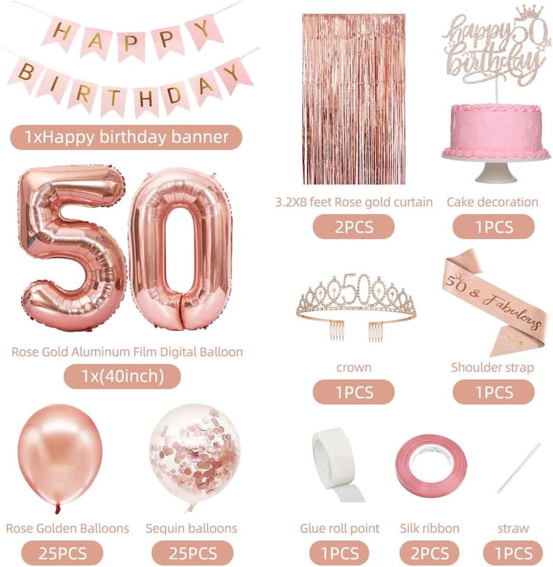 Rose Gold 50th Birthday Decorations for Women
