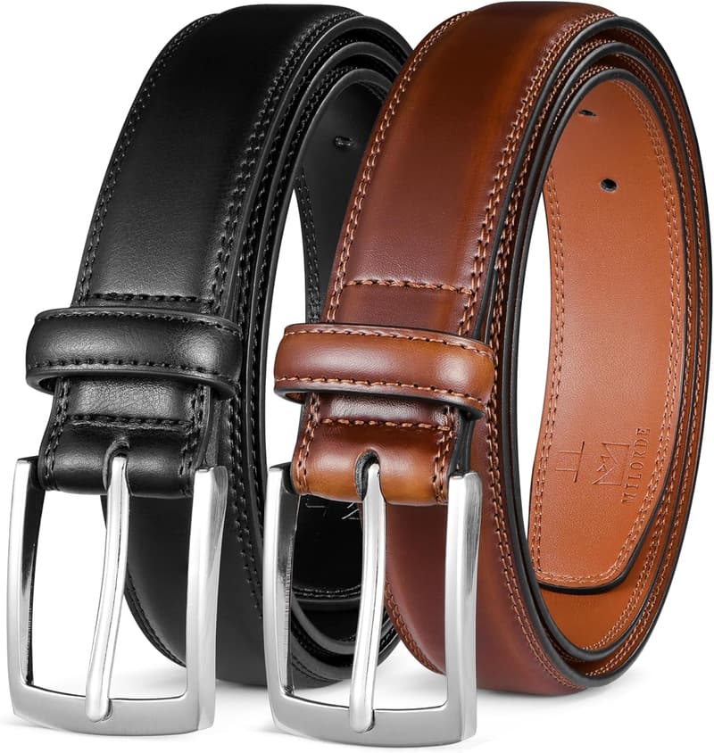Handmade Genuine Leather Dress Belts for Men - 2-Pack