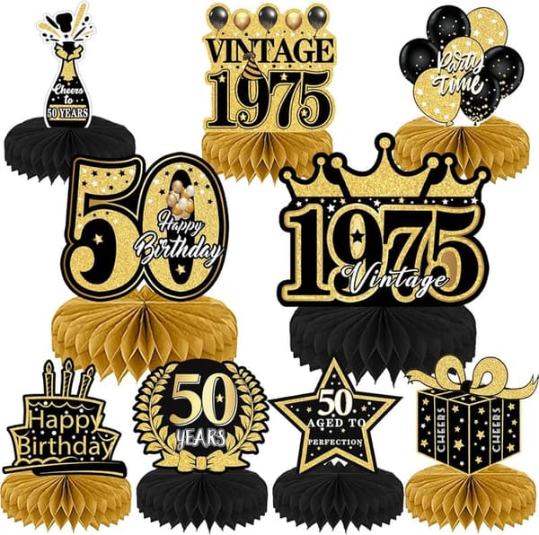 50th Birthday Black Gold Table Decorations - 9 Pcs Vintage Centerpieces