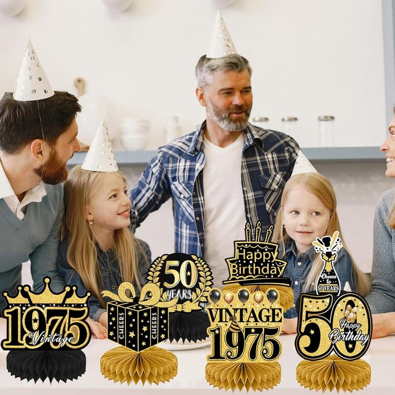 50th Birthday Black Gold Table Decorations - 9 Pcs Vintage Centerpieces