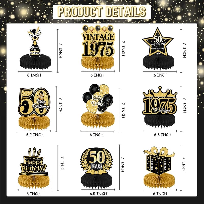 50th Birthday Black Gold Table Decorations - 9 Pcs Vintage Centerpieces