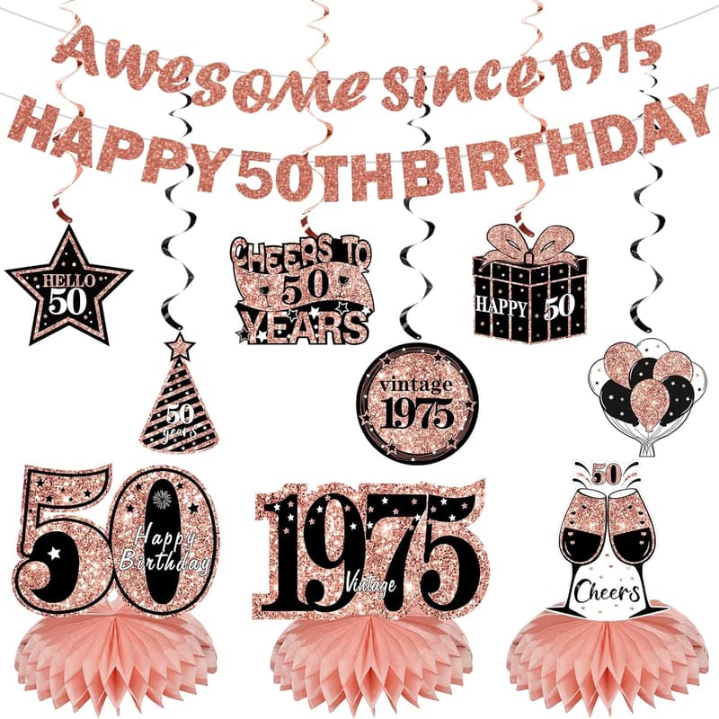 50th Birthday Decorations Kit for Women - Rose Gold Banner & Centerpieces
