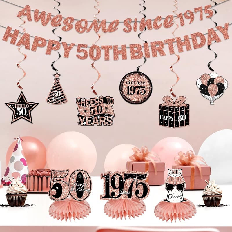 50th Birthday Decorations Kit for Women - Rose Gold Banner & Centerpieces
