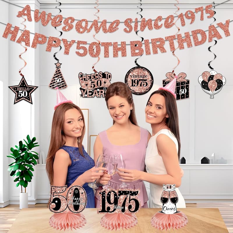 50th Birthday Decorations Kit for Women - Rose Gold Banner & Centerpieces