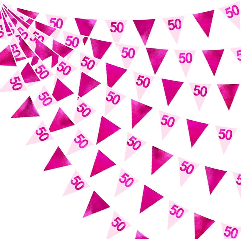 50th Birthday Party Decorations - Hot Pink Pennant Banner & Streamers