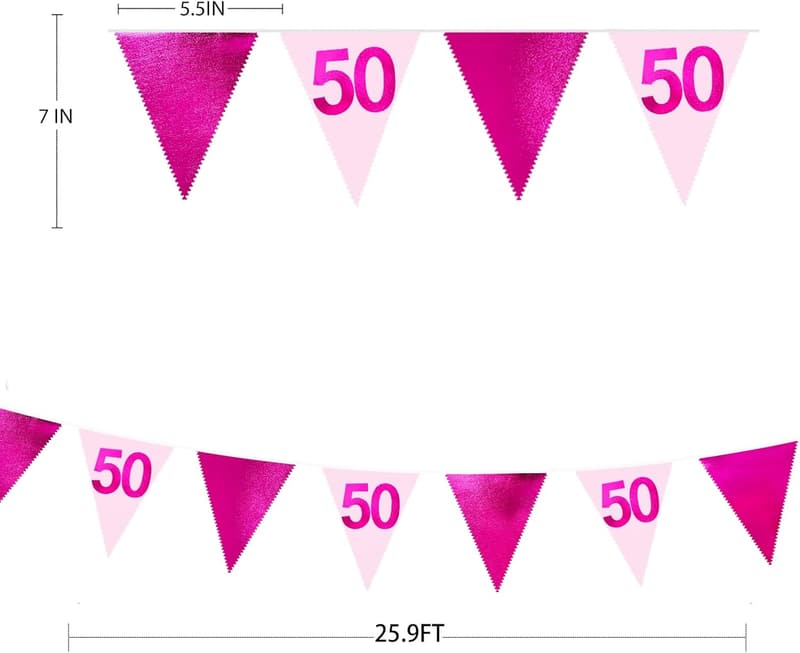 50th Birthday Party Decorations - Hot Pink Pennant Banner & Streamers