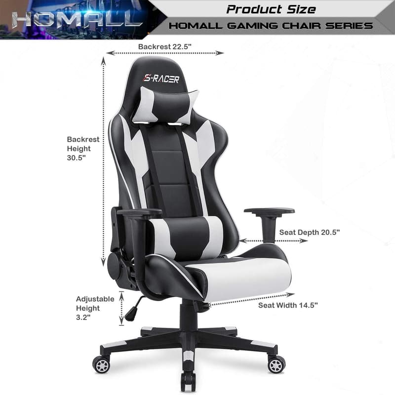 Ergonomic White Gaming Chair with Lumbar Support