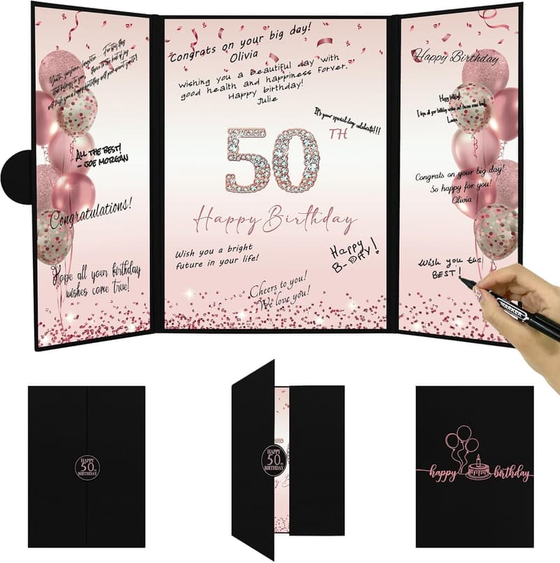 50th Birthday Rose Gold Guest Book & Party Decorations for Women