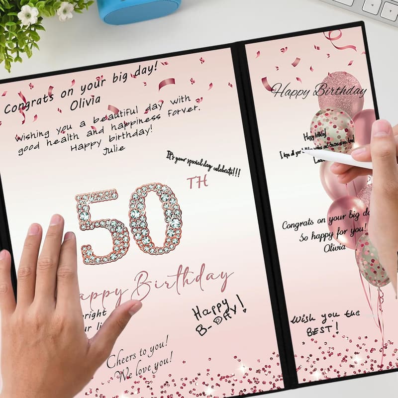 50th Birthday Rose Gold Guest Book & Party Decorations for Women