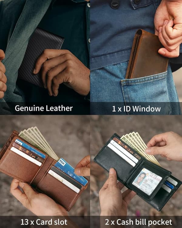 Genuine Leather RFID Bifold Wallet for Men with Gift Box