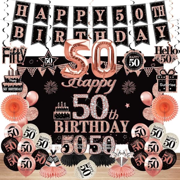 50th Birthday Party Decorations Kit for Women, Rose Gold Set