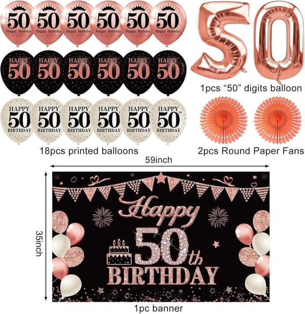 50th Birthday Party Decorations Kit for Women, Rose Gold Set