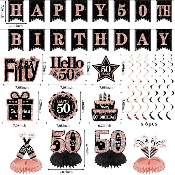 50th Birthday Party Decorations Kit for Women, Rose Gold Set