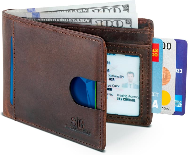 Genuine Leather Slim Bifold Wallet for Men - RFID Blocking