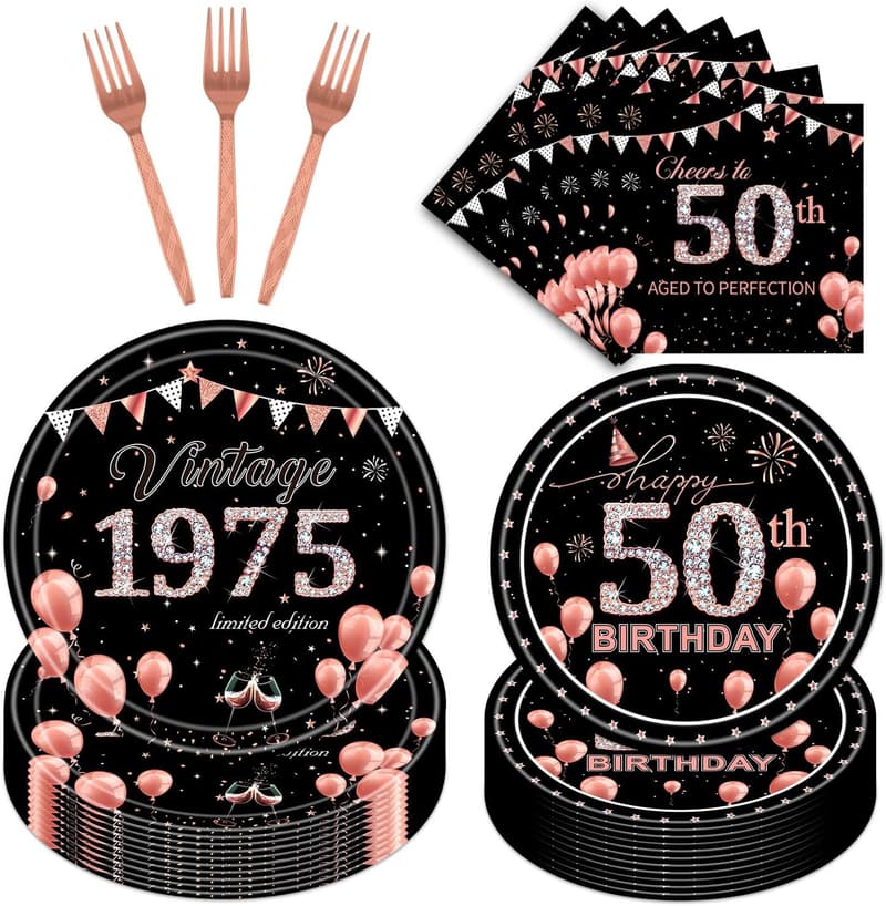 50th Birthday Vintage Tableware Set - 96PCS Rose Gold Decor