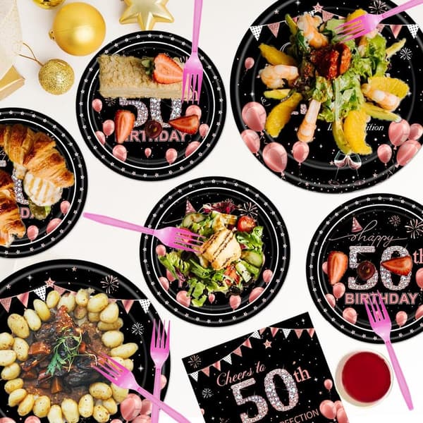 50th Birthday Vintage Tableware Set - 96PCS Rose Gold Decor