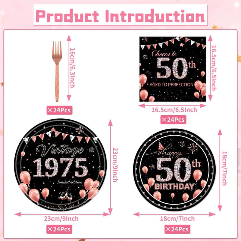 50th Birthday Vintage Tableware Set - 96PCS Rose Gold Decor