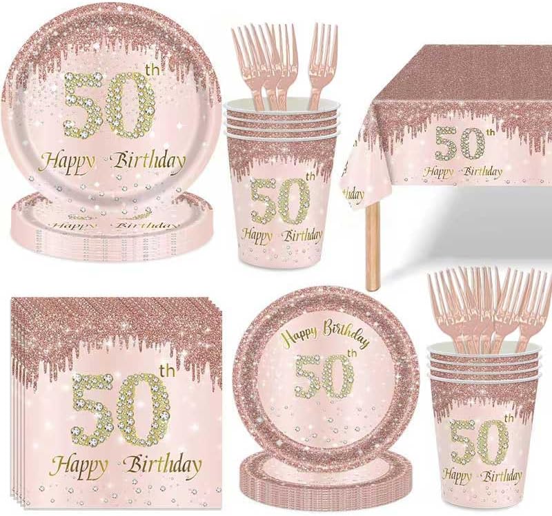 50th Birthday Rose Gold Disposable Tableware Set for 24 Guests