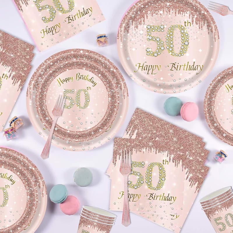 50th Birthday Rose Gold Disposable Tableware Set for 24 Guests