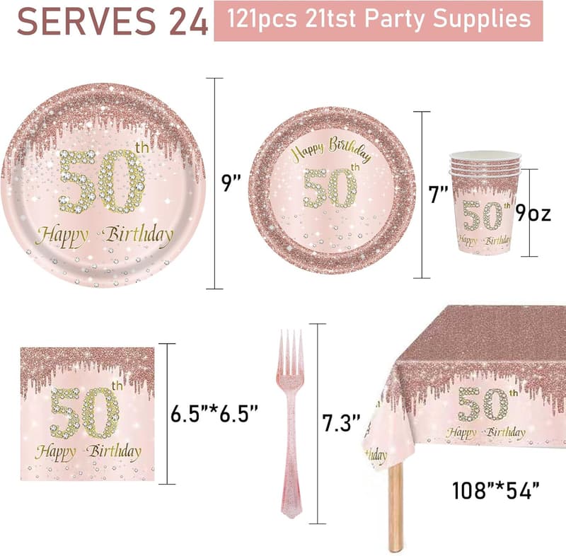 50th Birthday Rose Gold Disposable Tableware Set for 24 Guests