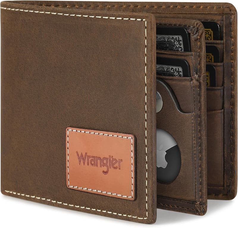 Wrangler Men's Bifold RFID Leather Wallet with AirTag Holder