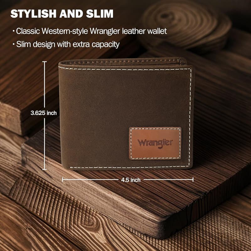 Wrangler Men's Bifold RFID Leather Wallet with AirTag Holder
