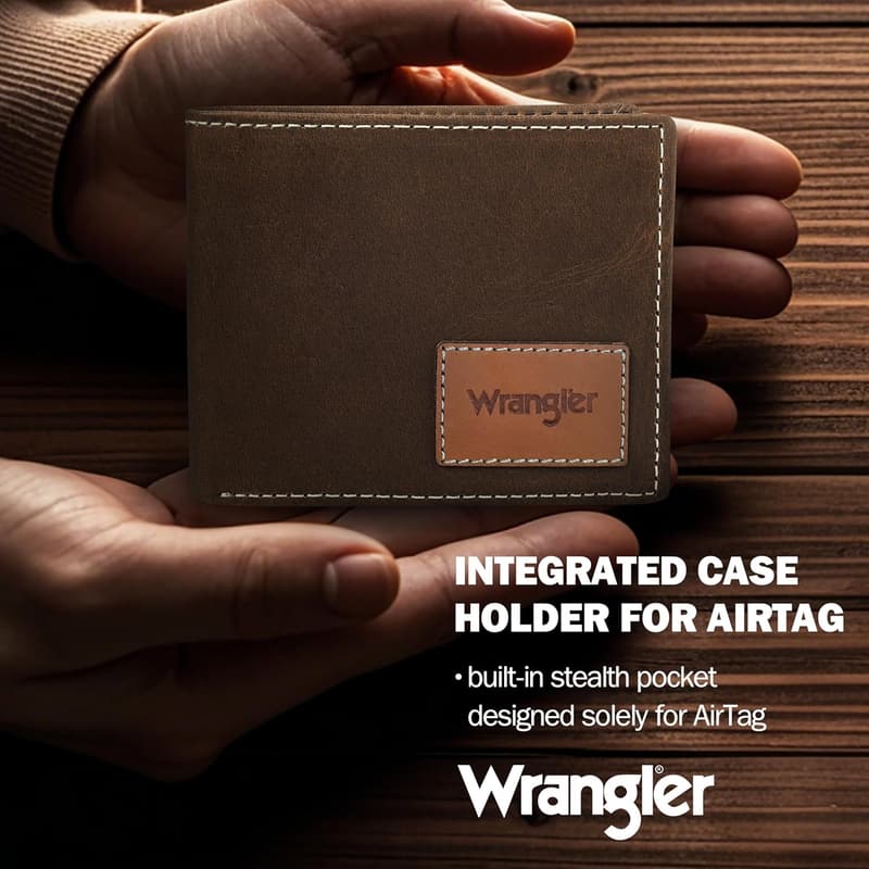 Wrangler Men's Bifold RFID Leather Wallet with AirTag Holder